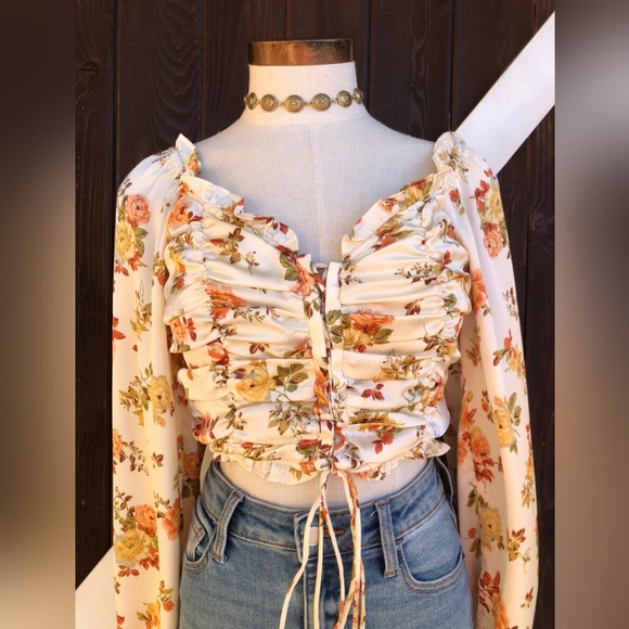 Blue B Ruched Puff Satin Floral Crop Blouse - Picture 3 of 8